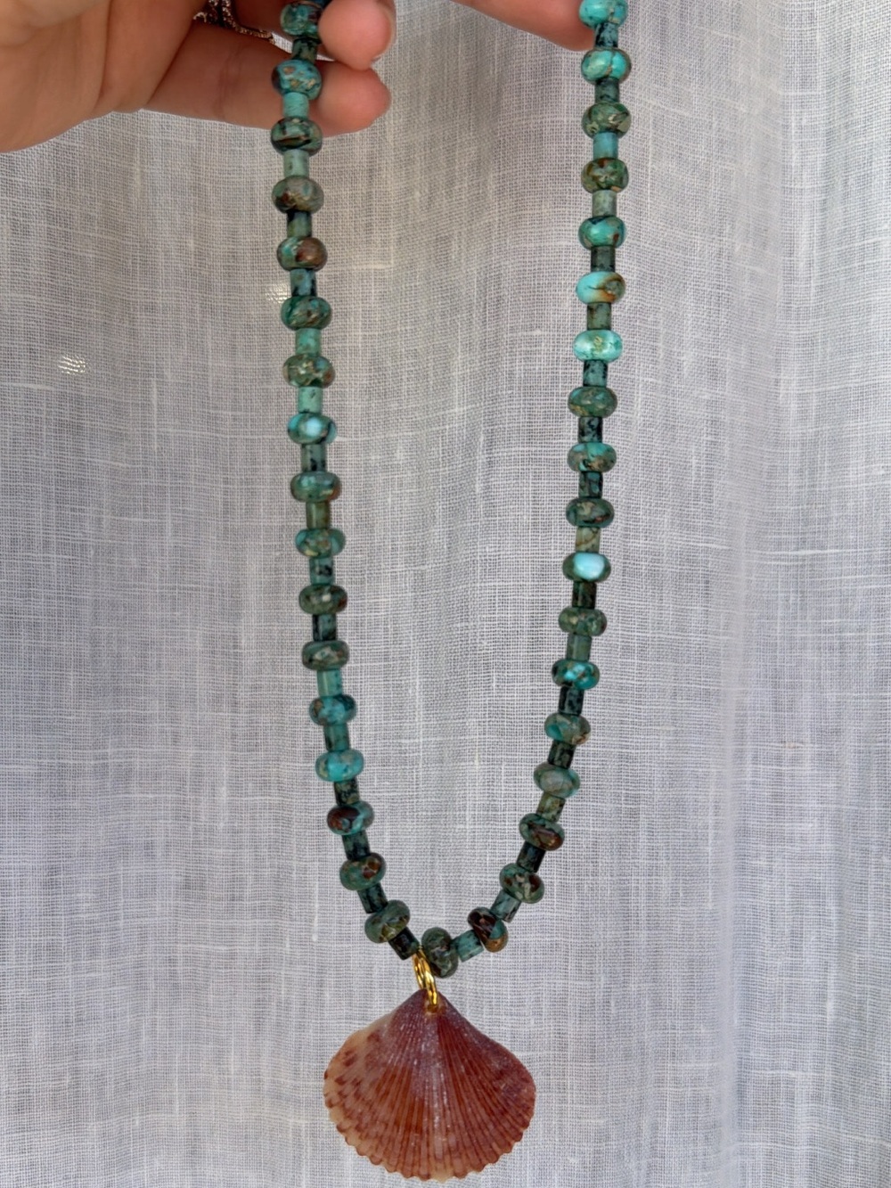 Handmade African Turquoise Jasper Bead Necklace with Natural Shell Pendant